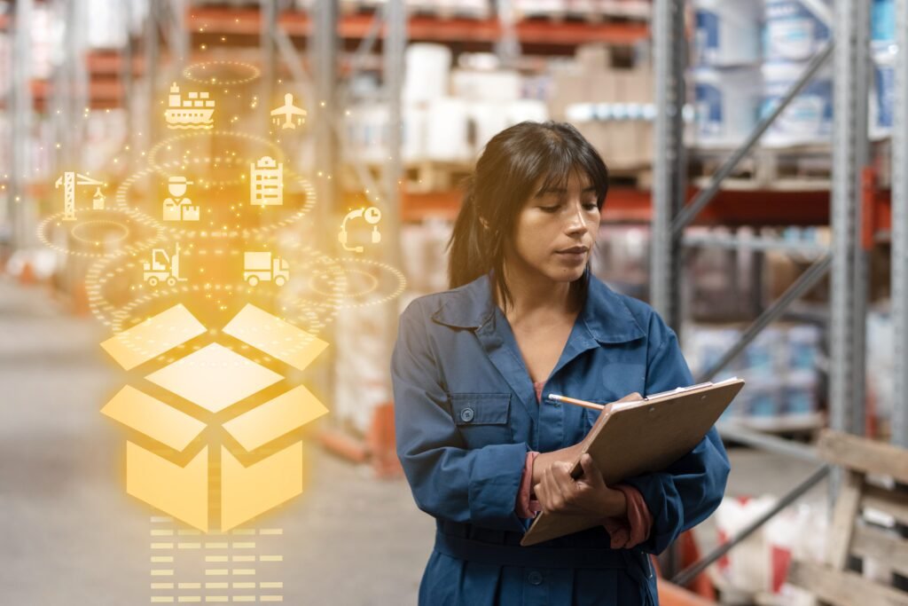 warehouse woman worker writing stocks hologram collage