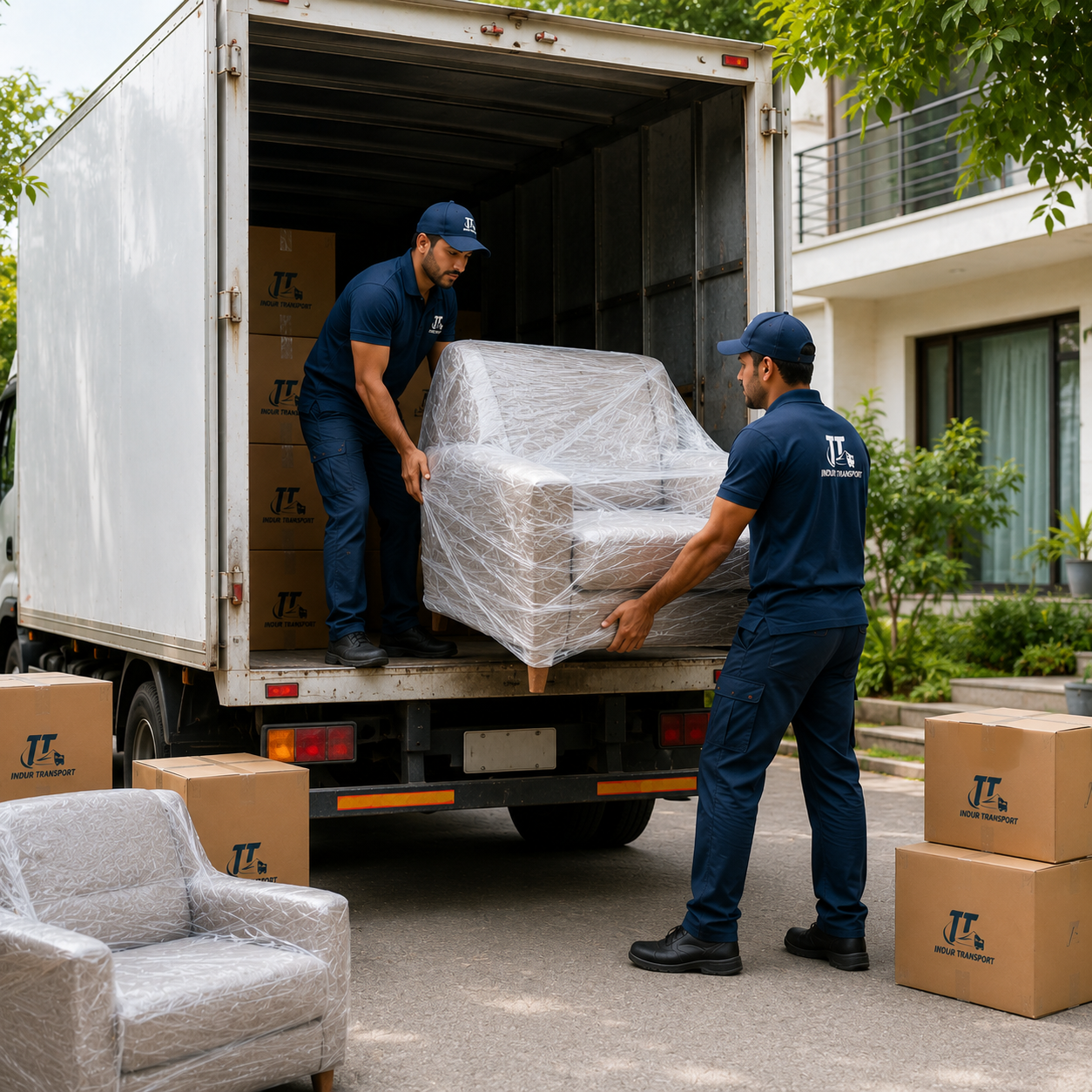 Staff loading boxes and furniture onto a moving truck