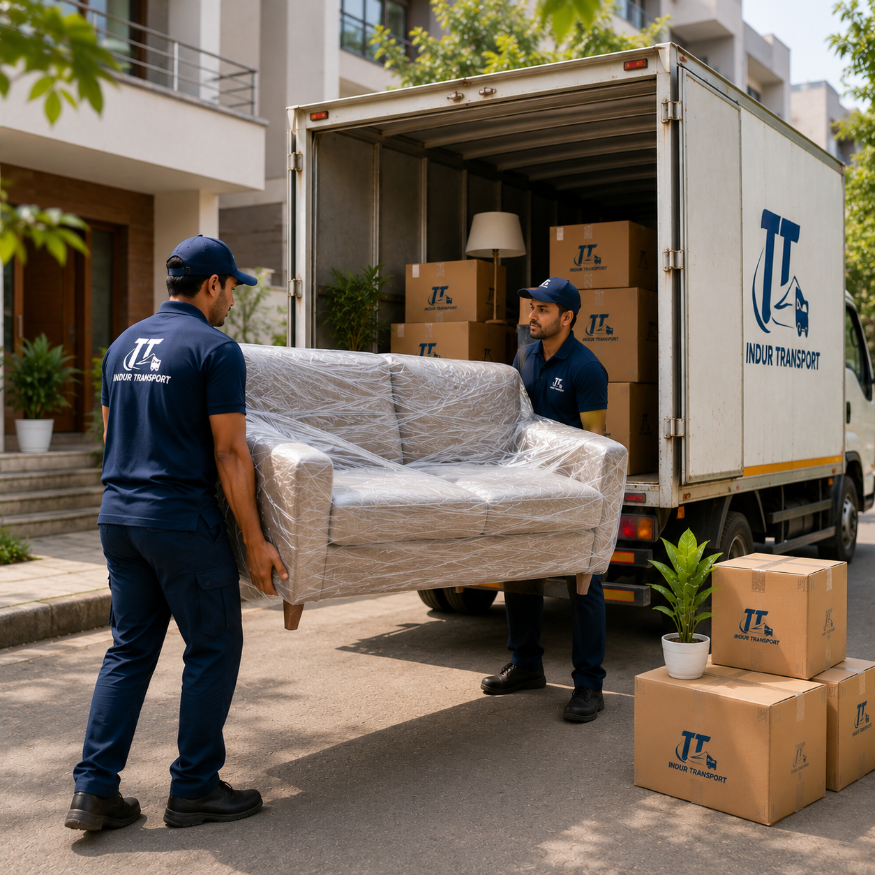Movers carrying boxes out of a home for house shifting