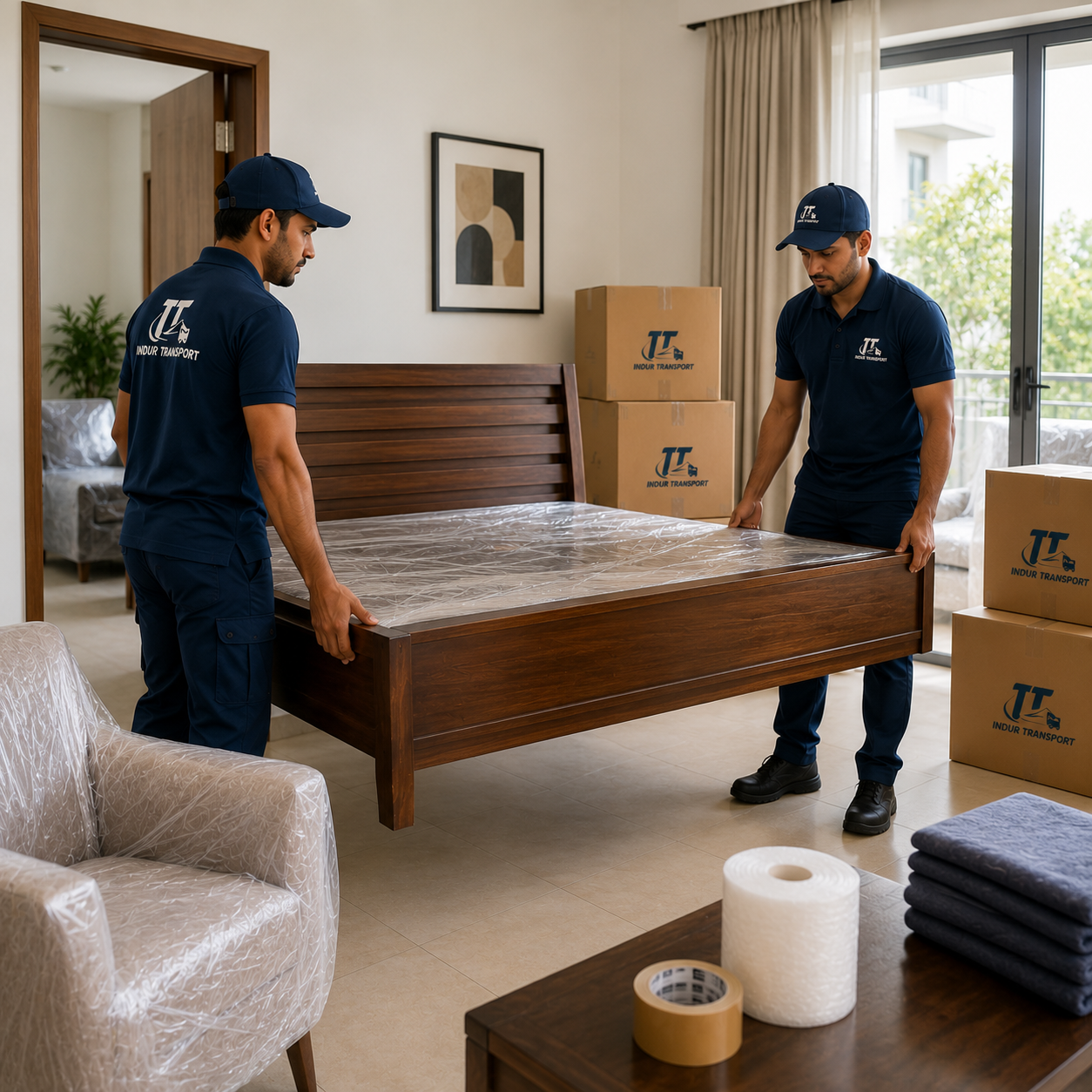 Movers carefully carrying a sofa