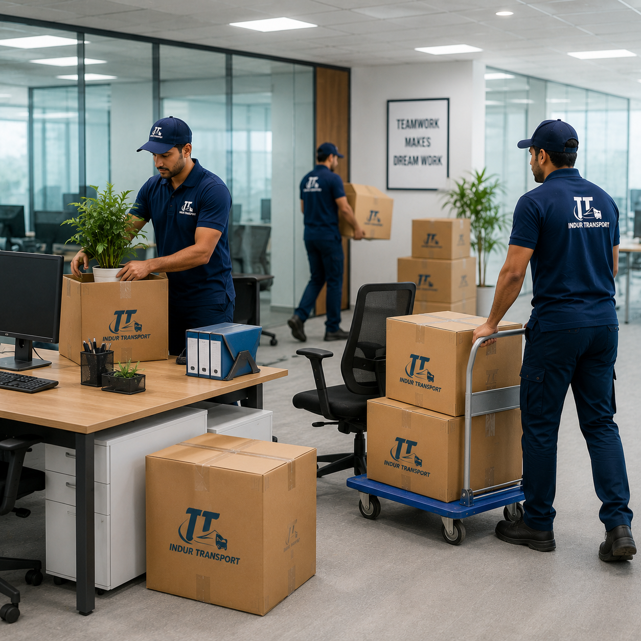 Office desks and boxes packed for relocation